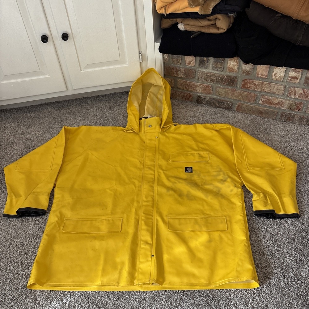 Carhartt PVC Surrey Jacket Men XL Yellow Fishing Rain Coat Waterproof Work Marks